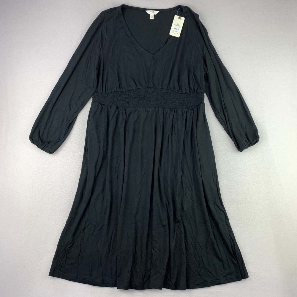 Terra & Sky Midi‎ Dress Womens 1X Black NWT V-Neck Long Sleeve Stretch Office